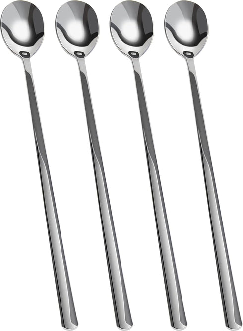 Long Handle Iced Tea Spoons, 304 Stainless Steel Teaspoons, 9.5 Inch Coffee Stirrers,Ice Cream Spoon,Cocktail Stirring Spoons, Set of 4 (Silver) (...