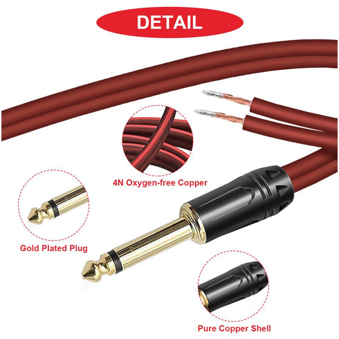 1Pcs 1/4 TS Plug to Bare Speaker Wire 16.4FT 16AWG Positive Red Wire Marking Pure Copper Shell Gold-Plated TS Plug 6.5mm Mono Male Connector with ...