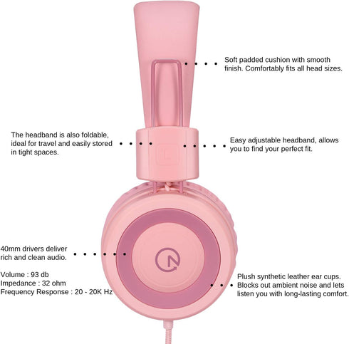 noot products Kids Headphones K11 Foldable Stereo Tangle-Free 5ft Long Cord 3.5mm Jack Plug in Wired On-Ear Headset for iPad/Girls/Boys/School/Lap...
