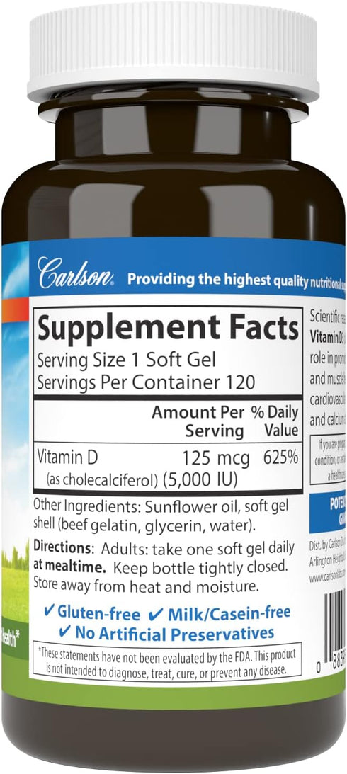 Carlson - Vitamin D3 5000 IU (125 mcg), Bone Health, Muscle Health, Cholecalciferol, Vitamin D Supplements, Vitamin D3 Soft Gels, 120 Softgels...
