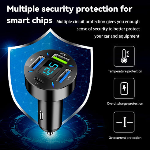 4 Ports USB Car Charger, 66W Super Fast Charging USB QC 3.0, USB Adapter Charger with LED Voltmeter for Car Cigarette Lighter Plug, Compatible wit...
