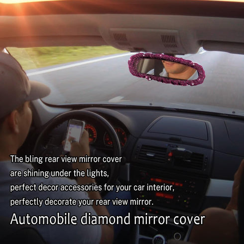 Bling Rearview Mirror Accessories, Elastic Band Car Rearview Mirror Cover with Shiny Rhinestones for Women Girl, Universal Car Interior Accessorie...