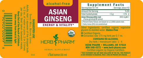 Herb Pharm Asian (Panax) Ginseng Liquid Glycerite for Energy and Stamina, Alcohol-Free Glycerite, 1 Oz...