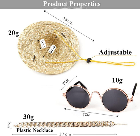 4Pcs Cat Glasses Cat Gold Chain Necktie and Straw Hat, Fashion Cool Pet Sunglasses Adjustable Pet Gold Chain Set Classic Funny Pet Accessories for...