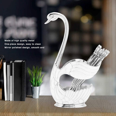 Coffee Spoon Stand, Decorative Swan Base Holder Metal Coffee Dessert Dinner Set Teaspoon Fruit Dessert Flatware Swan Base Holder (silvery white)...