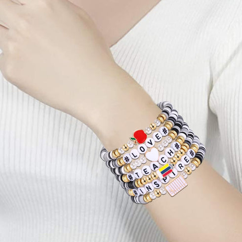 FAERLIIRY Teacher Bracelets Preppy Beaded Bracelets Clay Heishi Stretch Bracelets for Woman Teach Love Inspire Bracelet Back To School Teacher App...