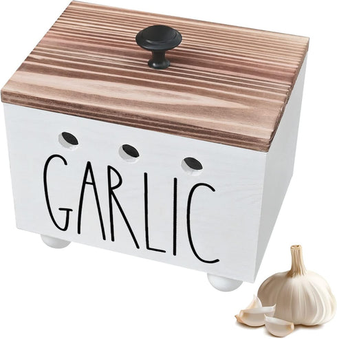 CHONIC Garlic Keeper, Farmhouse Garlic Holder for Counter, Rustic Garlic Container, Wood Garlic Storage Box, Garlic Organizer Bin, Garlic Saver fo...