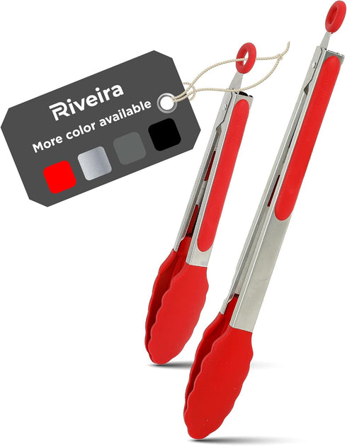 Riveira Red Tongs for Cooking with Silicone Tips | 9 and 12-Inch Pieces | Non-Stick Kitchen Grill Tongs | BBQ Tongs for Grill | 550°F High Heat-Re...