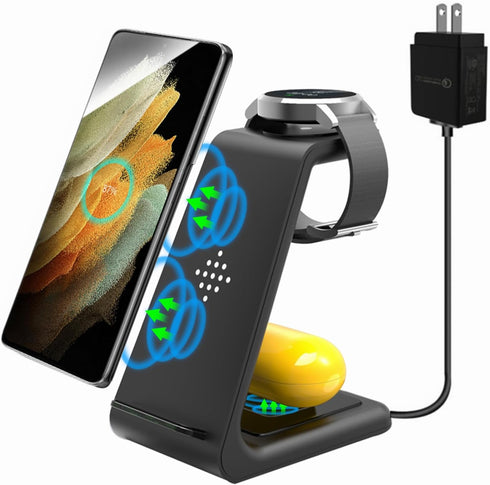 Wireless Charger,3 in 1 Qi-Certified Portable Fast Wireless Charging Station for Samsung Serise S20/Note 10/S9/S8 Samsung Galaxy Watch (with Power...