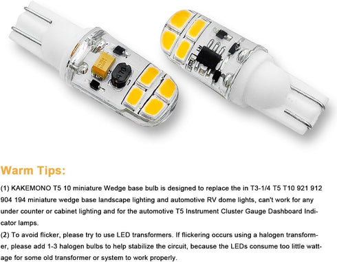 KAKEMONO T5 T10 Wedge Base LED Bulb 2W AC10-18V/ DC10-30V 2700K Warm White for 12V Low Voltage Landscape Path Deck RV Camper Lights, 10 Pack...