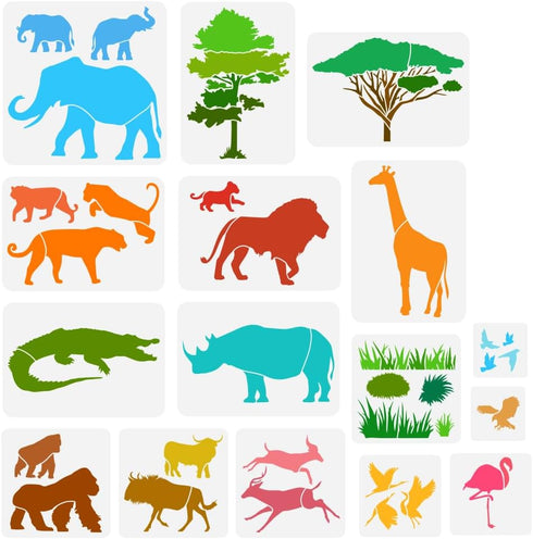 FINGERINSPIRE 16PCS African Animals Stencil Trees Grass Plants Drawing Template Giraffe Elephant Lion Crocodile Rhino Deer Orangutan Cow Bird Eagl...