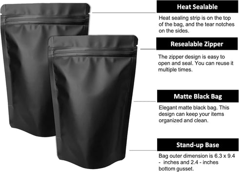 100 Pack Matte Black Mylar Stand Up Bags - 6.3x9.4 Inches Smell Proof Resealable Pouch Bag, Heat Sealable Foil Packaging Zipper Pouches for Food S...