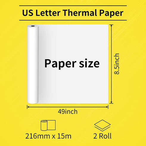 COLORWING Thermal Paper 8.5in x 49ft US Letter for Portable Printer, Compatible with M08F, M832 and Other Letter Inkless Thermal Printer - 2 Rolls...