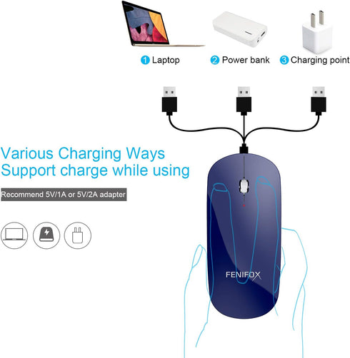 FENIFOX Bluetooth Mouse Slim, Whisper-Quiet Mini Flat Portable Mobile Mice Rechargeable Compatible with Laptop,PC,Android Windows Tablet (Deep Blu...