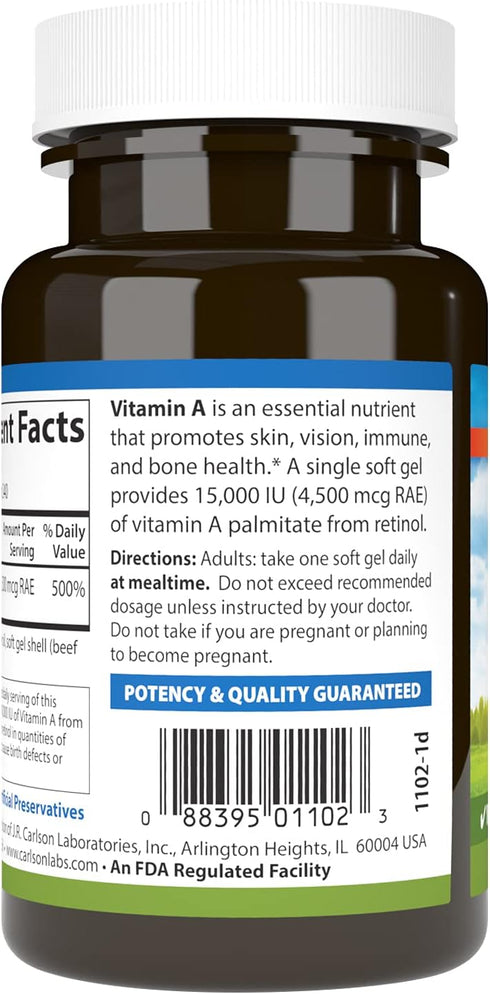 Carlson - Vitamin A, 15000 IU Palmitate (4500 mcg RAE), Vision Health & Healthy Skin, Immune Function, 240 Softgels...