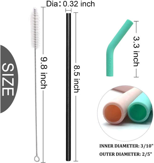 Senneny Set of 5 Stainless Steel Straws with Silicone Flex Tips Elbows Cover, 2 Cleaning Brushes and 1 Portable Bag Included (Black)- 8mm diameter...