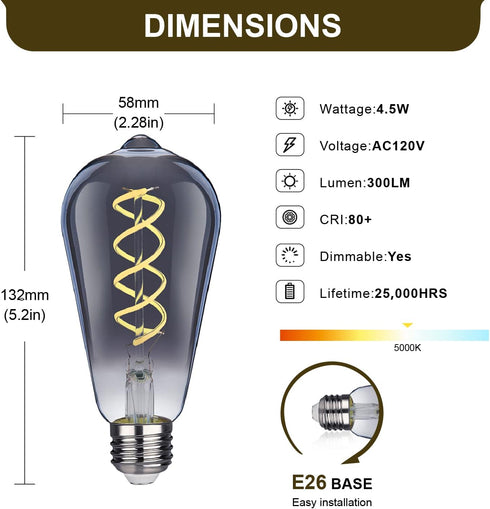 ST58 (ST19) LED Edison Bulbs 45 Watt Equivalent, CRI 80+, High Brightness Daylight White 5000K Smoky Grey Glass, Dimmable Antique LED Filament Bul...