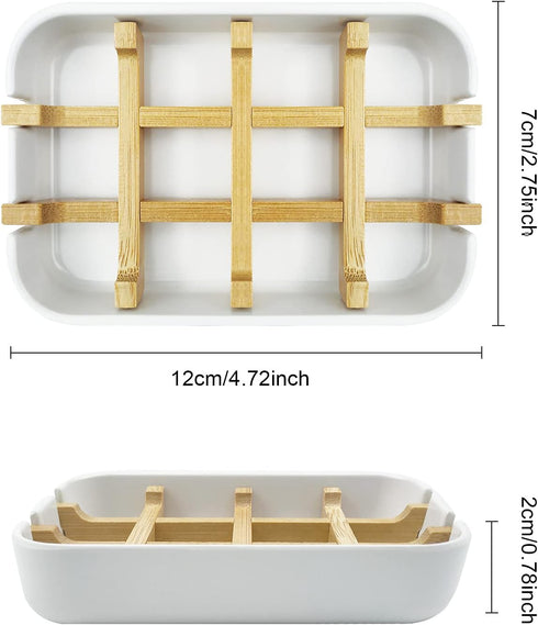 2 Pack Bamboo Soap Dish, Self-Draining Soap Box, Wooden Bamboo Bar Soap Holder for Shower, Bathroom, Kitchen, Bathtub, Bar Sink (White)...