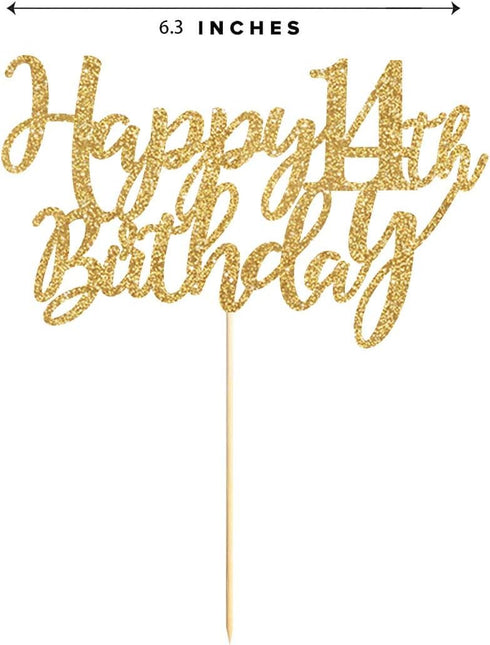 Gold Glitter Happy 14th birthday cake topper, Gold 14 years old birthday party decorations, girl or boy birthday cake toppers...
