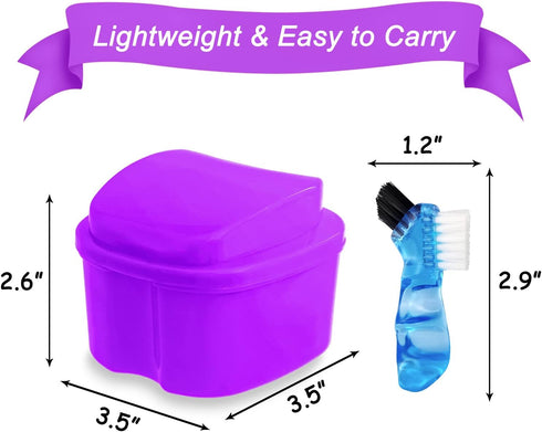 Colorful Denture Bath Case with Brush, Denture Cup Soaking Holder False Teeth Container Mouth Guard Storage Case Cleaning with Lid Waterproof - Pu...