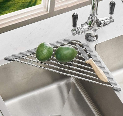 Triangle Dish Drying Rack Multipurpose Roll-up Drying Rack for Sink Corner Stainless Steel Over The Sink Corner Dish Drainer Mat for Kitchen (Grey...