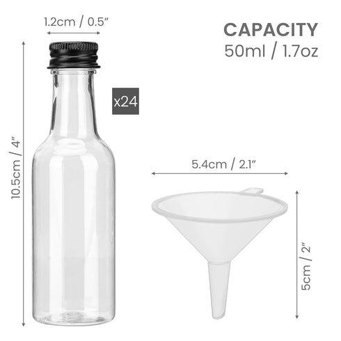 Mini Plastic Bottles with Lids (24 Pack) - Empty 1.7oz Shot Bottles - Small Miniature Bottles for Alcohol, Spirits, Liquor - Funnel Included...