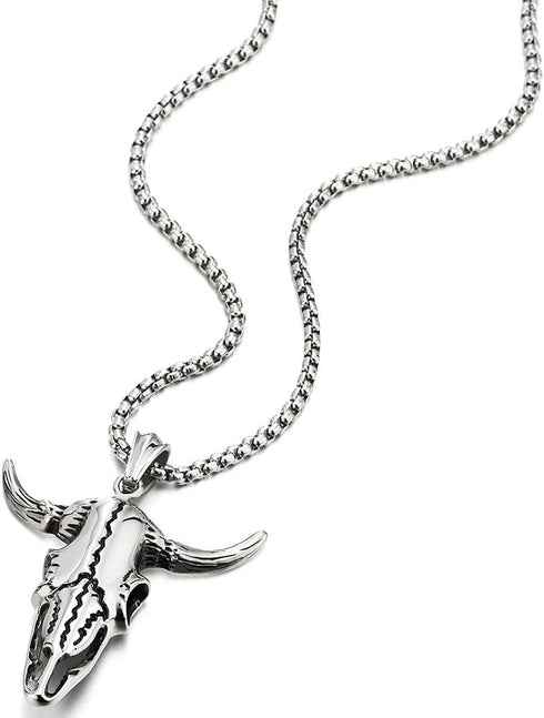 COOLSTEELANDBEYOND Stainless Steel Vintage Goat Bull Skull Pendant Necklace for Man, 30 inches Chain, Gothic Tribal...