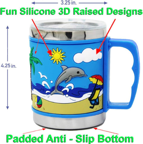 F-32 12 Oz Kids Stainless Steel DOLPHINS 3D Mugs with 2 Pack Slider Closure Lids - Eco-Friendly - BPA Free Signature Collection (Dolphins)...