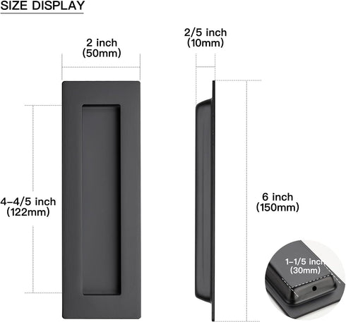 Ravinte 4 Pack Black Sliding Closet Door Handles Black Flush Pulls 5.9in Length Recessed Finger Pulls for Sliding Barn Door Sqaure Cabinet Pulls S...