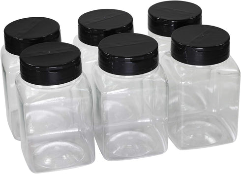 Pinnacle Mercantile Plastic Spice Jars 6-Pack Square Large 17 oz.Clear Containers Sifter Shaker Spoon Lid Refillable for Seasonings, Herbs, BBQ, S...