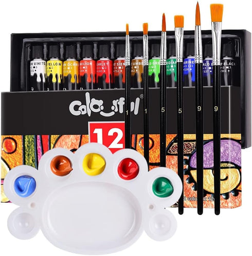 Colorful Acrylic Glass Paint Set with 6 Brushes, 1 Palette, 12 Colors Stain Glass Paints for Wine Glass, Waterproof Acrylic Enamel Paint Kit to Cr...