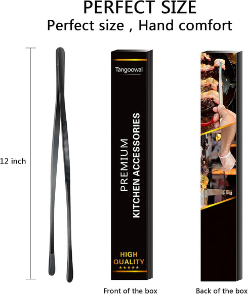 12-Inch Professional Kitchen & Cooking Tweezers Tongs - Stainless Steel Long Tweezer Tongs - Black Coated - BBQ,Plating,Multi-use...
