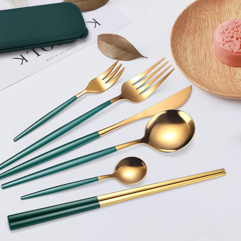 AARAINBOW 8 Pieces Stainless Steel Flatware Set Portable Reusable Cutlery Set Travel Utensils Set Including Chopsticks Knife Fork Spoon Straws Cle...