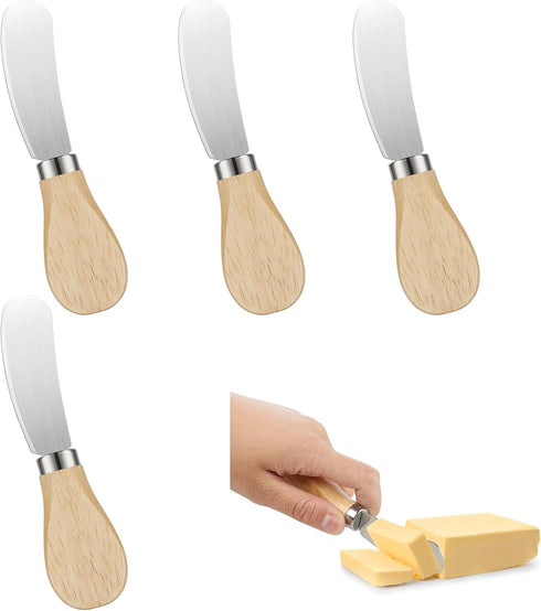 4 Pcs Cheese Spreader Set with Wooden Handle Mini Butter Knives Stainless Steel Cheese Slicer Small Cocktail Cutter for Charcuterie Boards Appetiz...