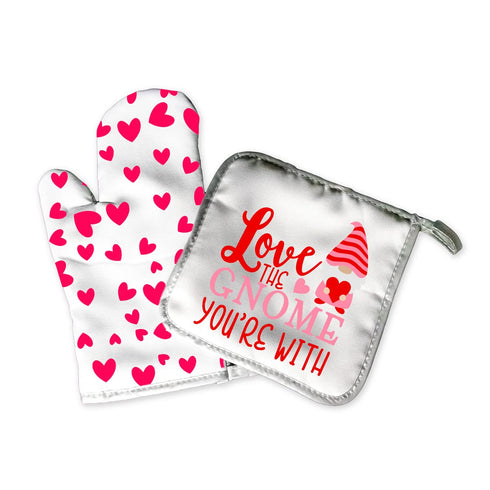 Cute Adorable Gnome Decorative Kitchen Oven Mitt Hot Plate Pot Holder Set | Valentines Day Hearts Decorations | Love Kisses And Valentine Wishes |...