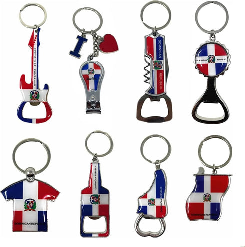 8 Pack Dominican Republic Country Metal Keychain, 5 Bottle Opener, T-shirt, Flag, Beer Can, Heart-Key Design, Souvenir Keychains, Gift, Bulk...
