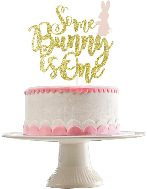 Gold Glitter Some Bunny One Birthday Cake Topper, Bunny 1st Birthday Cake Topper for Easter Bunny 1st Birthday Party Cake Decorations...