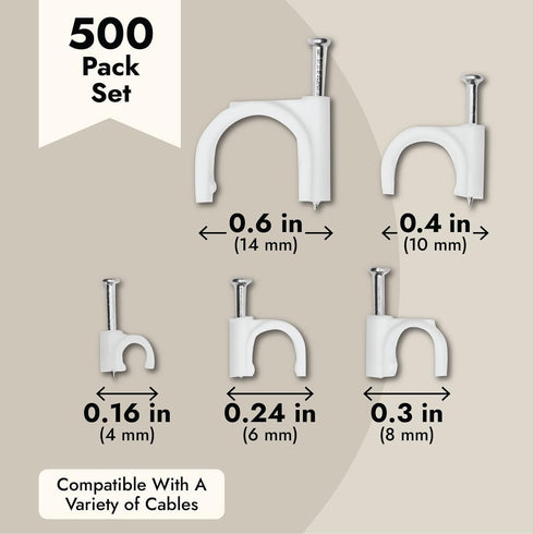 Juvale 500-Pack Round Cable Wire Clips for Wall Mounting, Extension Cord Holders, and Cable Management Staples in 5 Sizes for RJ45 Ethernet Connec...
