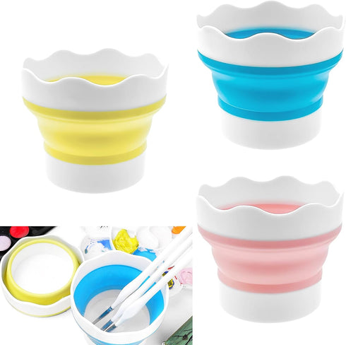 3 Pcs Collapsible Paint Brush Washer Silicone Portable Painting Water Cup Mini Foldable Washing Bucket Brush Holder Organizer Cleaner for Watercol...