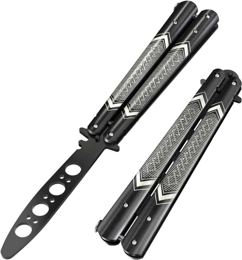 GOOD WORKER Butterfly Trainer - Practice Balisong Butterfly Knives NOT Real NOT Sharp Blade - Cool Design - Black Dull Trick Butterfly - Butter Fl...