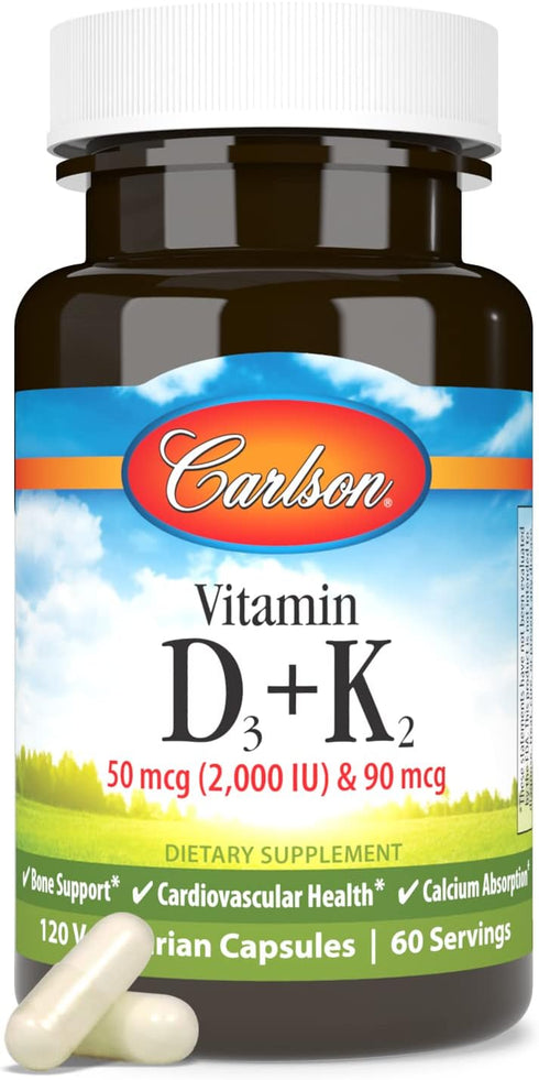 Carlson - Vitamin D3 + K2, 50 mcg (2000 IU) Vitamin D3 & 90 mcg Vitamin K2 as MK7, Bone Support, Calcium Absorption, 120 Capsules...
