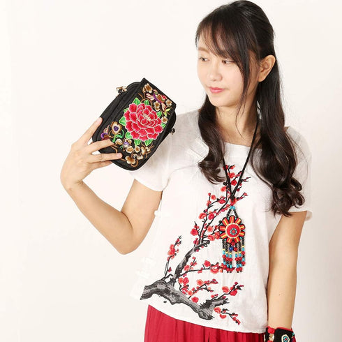 Women's Small Cute Boho Canvas Crossbody Camera Bag Cell Phone Purse with Floral Embroidery...