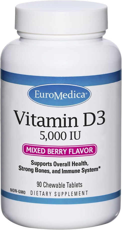 Euromedica Vitamin D3 5000 IU - 90 Chewable Tablets, Mixed Berry - Supports Overall Health, Strong Bones & Teeth + Immune System Function - 90 Ser...