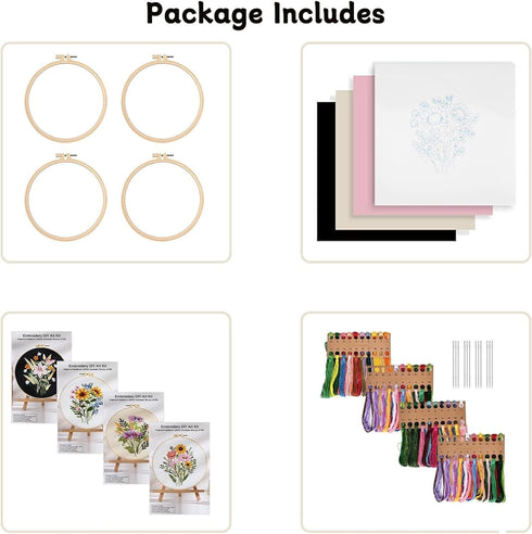 CHWANG Embroidery Starter Kit 4 Pack Floral Cross Stitch Beginner Kit with Plastic Hoop, Instructions and Threads, Full Range of Embroidery Kits f...