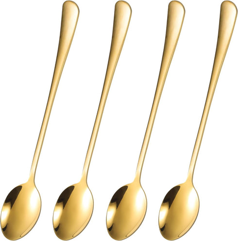 7.7-Inch Gold Iced Tea Spoons Long Handle Stainless Steel, Coffee Stirring Spoons, Long Ice Cream Spoons, Long Handled Teaspoons, Cocktail Stirrin...