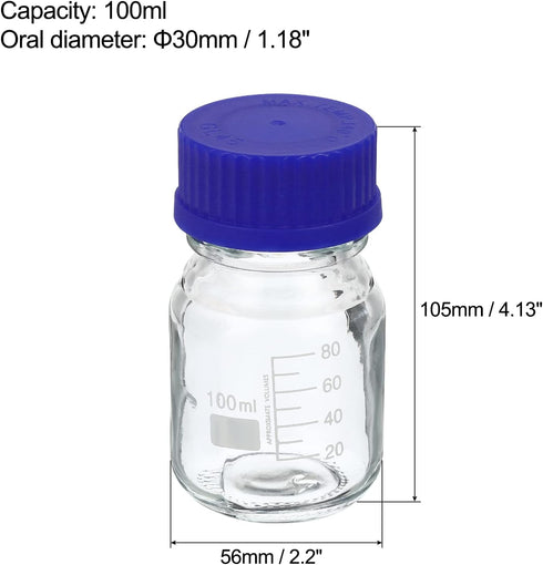 PATIKIL 100mL Reagent Media Bottle, 2Pcs Round Graduated Glass Storage Bottle Blue Screw Cap for Chemistry Lab Universities Home, Clear...