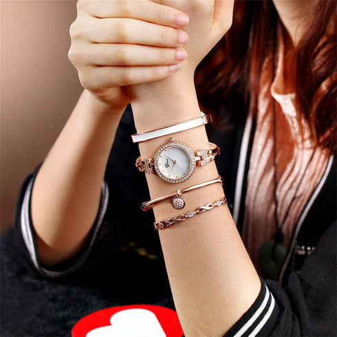 CdyBox Women Crystal Watch with 3 Bracelets Set Quartz Wrist Watches Bangle Jewelry 4pcs/Set for Ladies (Rose gold white)...