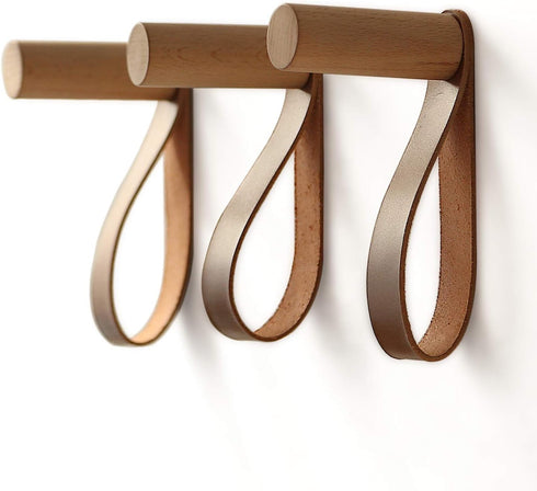 Wooden Hooks with Leather for Wall Mounted Single Hangers, Handmade Craft for Coats Hat Bags Rack 3pcs (Oak)...
