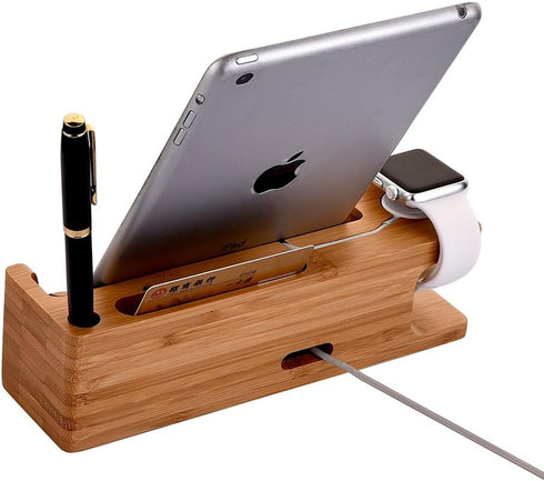 MOOZO Bamboo Wood Desktop Charging Dock Station Charger Holder Cradle Stand Compatible iPhone 16 15 14 13 12 11 Pro Max Apple Watch 2 3 4 / iWatch...