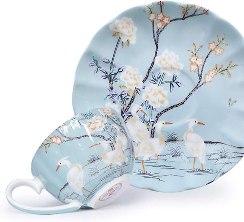 8oz Blue Fine Bone China Coffee Cup with Saucer,Colored Flowers,White Crane Porcelain Tea Cup and Saucer...